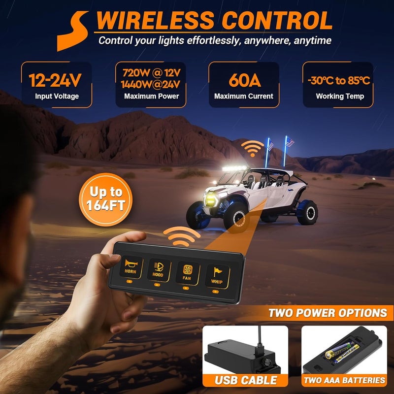 SS VISION لوحة مفاتيح لاسلكية 4 قنوات، 12 فولت 60 أمبير، لوحة مفاتيح مساعدة للسيارات، نظام تحكم دائري عالمي مع 4 أوضاع إضاءة ووظيفة ذاكرة للسيارات والشاحنات وUTV وATV والقوارب وRV والطرق الوعرة - Image 3